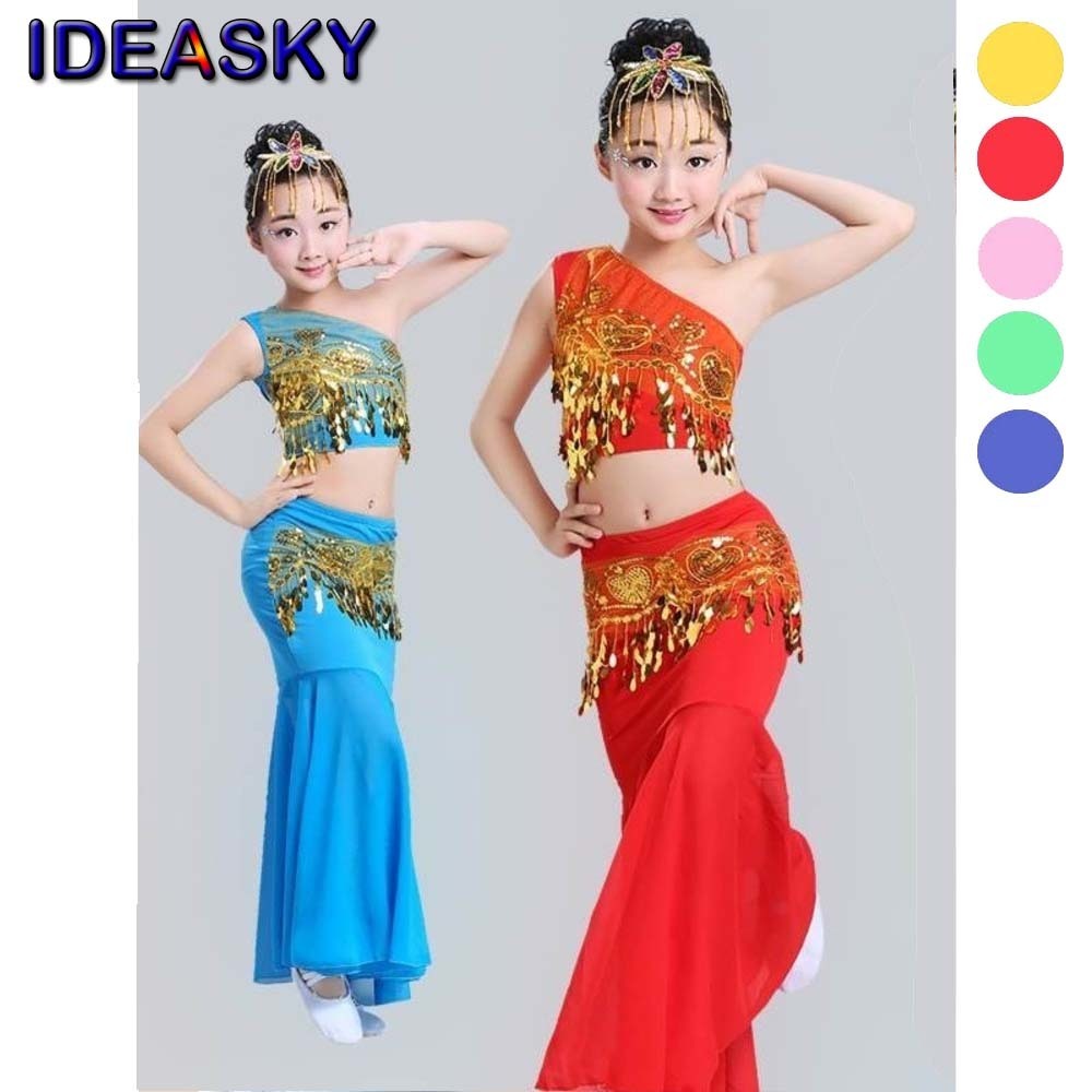Belly Dance Children's Day Shoulder Off Girl Cosplay Stage Sequin Oriental peacock costume girls kids dress Skirts Tail Fish