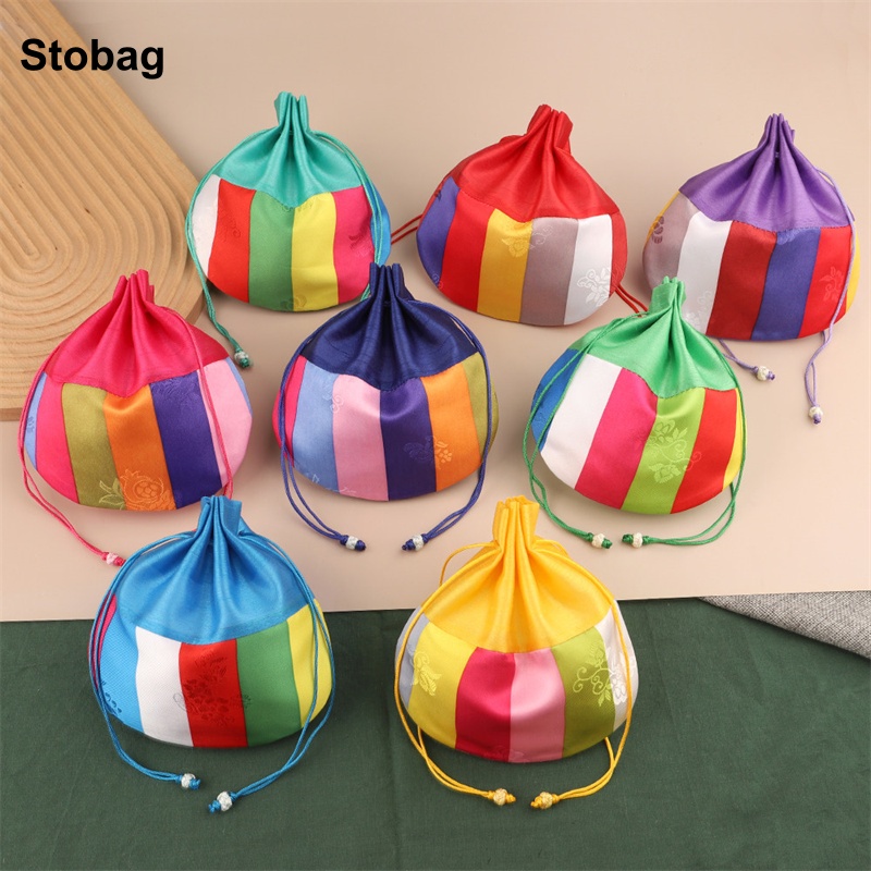 StoBag 10 個カラーストライプシルク巾着袋小さなギフトジュエリーキャンディ包装収納ポケット再利用可能なポーチ装飾
