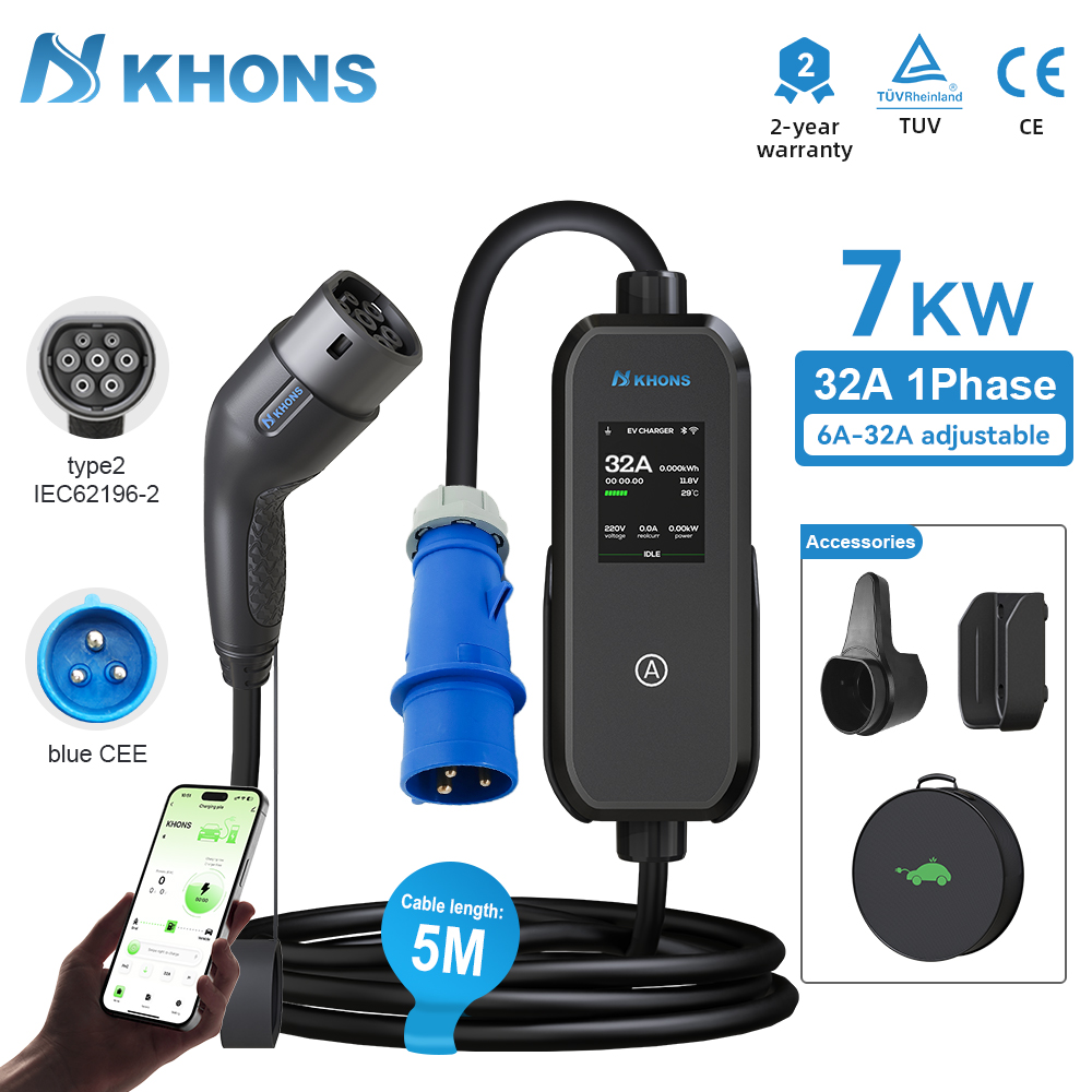 Khons 7kW Type2 EV 充電器 32A ポータブル EVSE ウォールボックス EV 充電ステーション APP 制御付き 5m ケーブル電気自動車車用