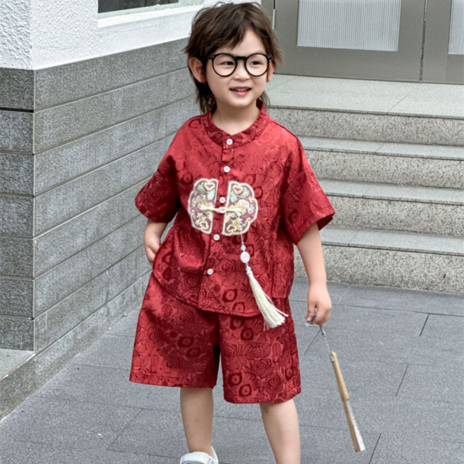 夏半袖 2 点セット男の子コスチューム子供服カジュアル男の子衣装唐風韓服スーツベビーファッション子供セット