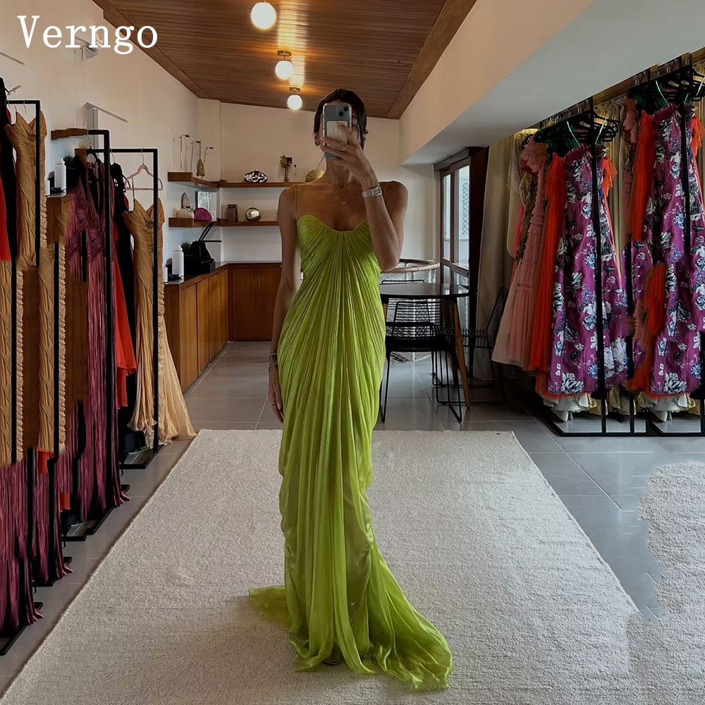 Verngo グリーンシフォンイブニングドレススパゲッティストラップマーメイドプリーツウエディングドレス女性エレガントなマキシフォーマルドレスカスタマイズ