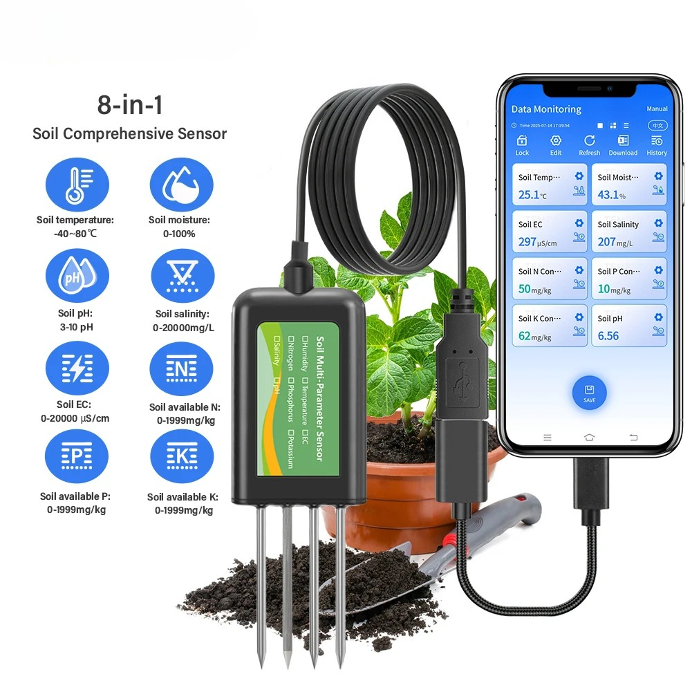 土壌センサー 8 in 1 農業用 pH EC 水分 NPK テスター Android/HarmonyOS USB スマート土壌メーター 精密農業用