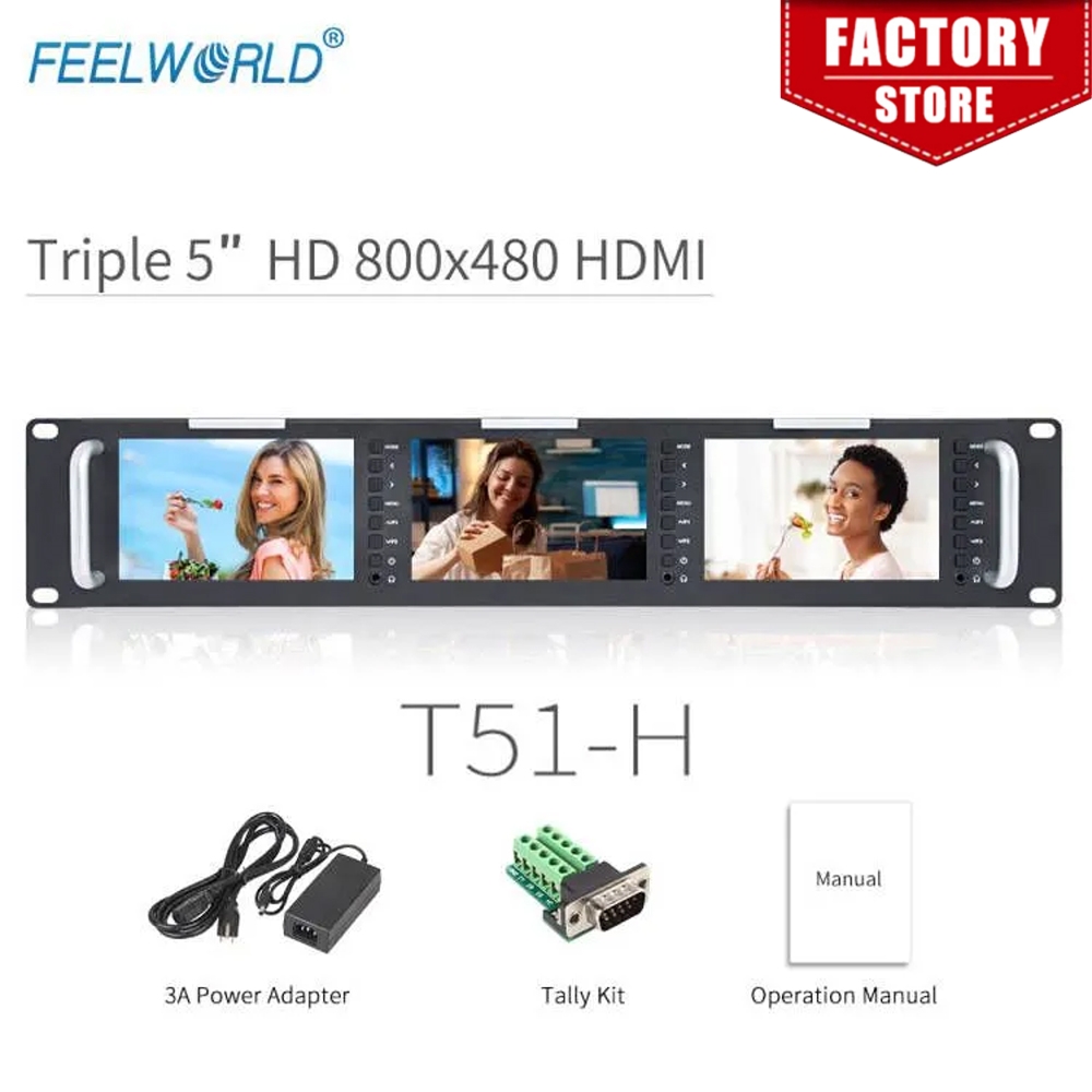 Feelworld T51-H トリプル 5 インチ 2RU 軽量 HDMI 放送モニター LCD TFT 800x400 HDMI AV ラックマウントモニター 放送用