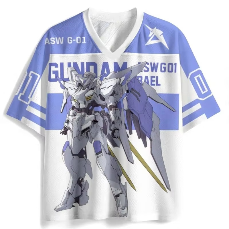 ファッション機動戦士ガンダム大人子供シャツ青と白のコントラストメカプリント夏トレンディなルーズカップル半袖トップス