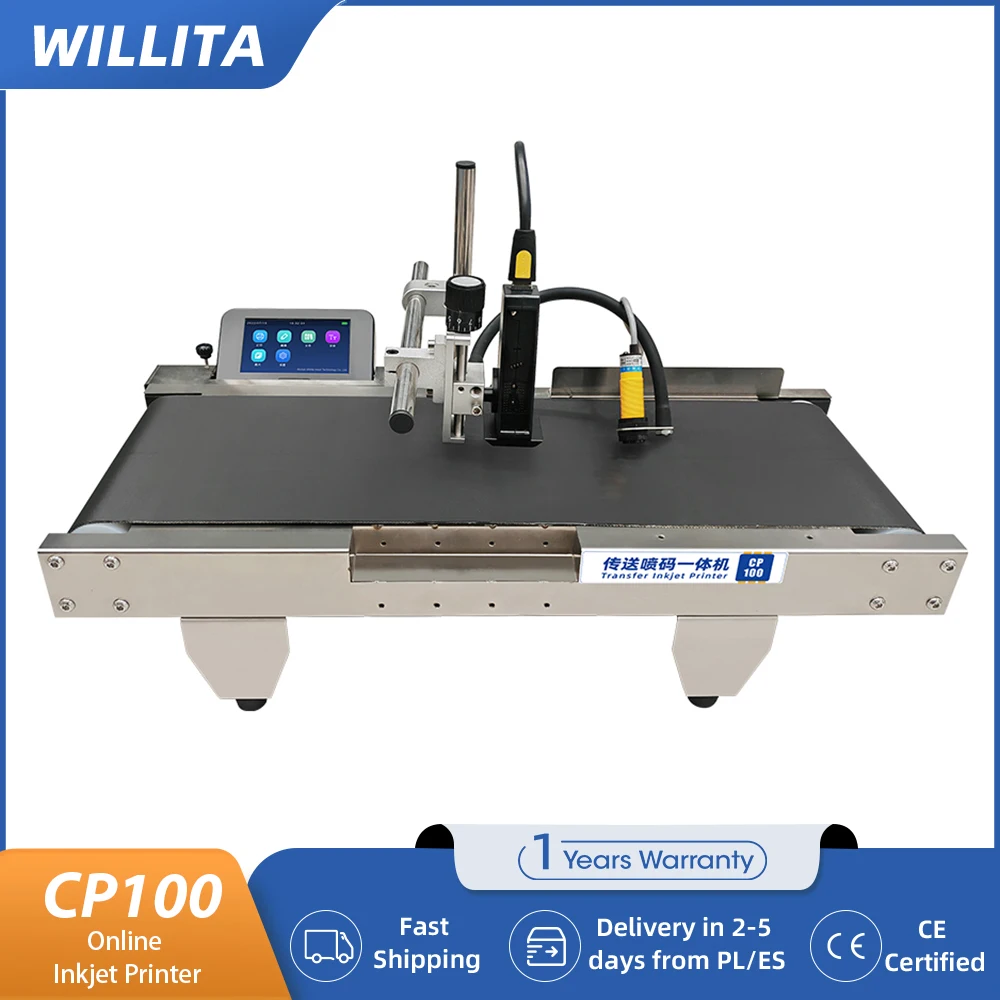 WILLITA CP100 オンラインサーマルインクジェットプリンタ、コンベアベルト付きバーコード有効期限用自動連続コーディングマシン QR EU