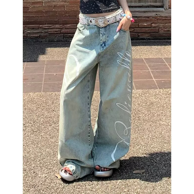 アメリカンレトロ Y2K スタイル洗浄ブルーダブルウエストバンドだぶだぶのジーンズパンツ女性の服ワイドレッグ新ファッションデニムズボン