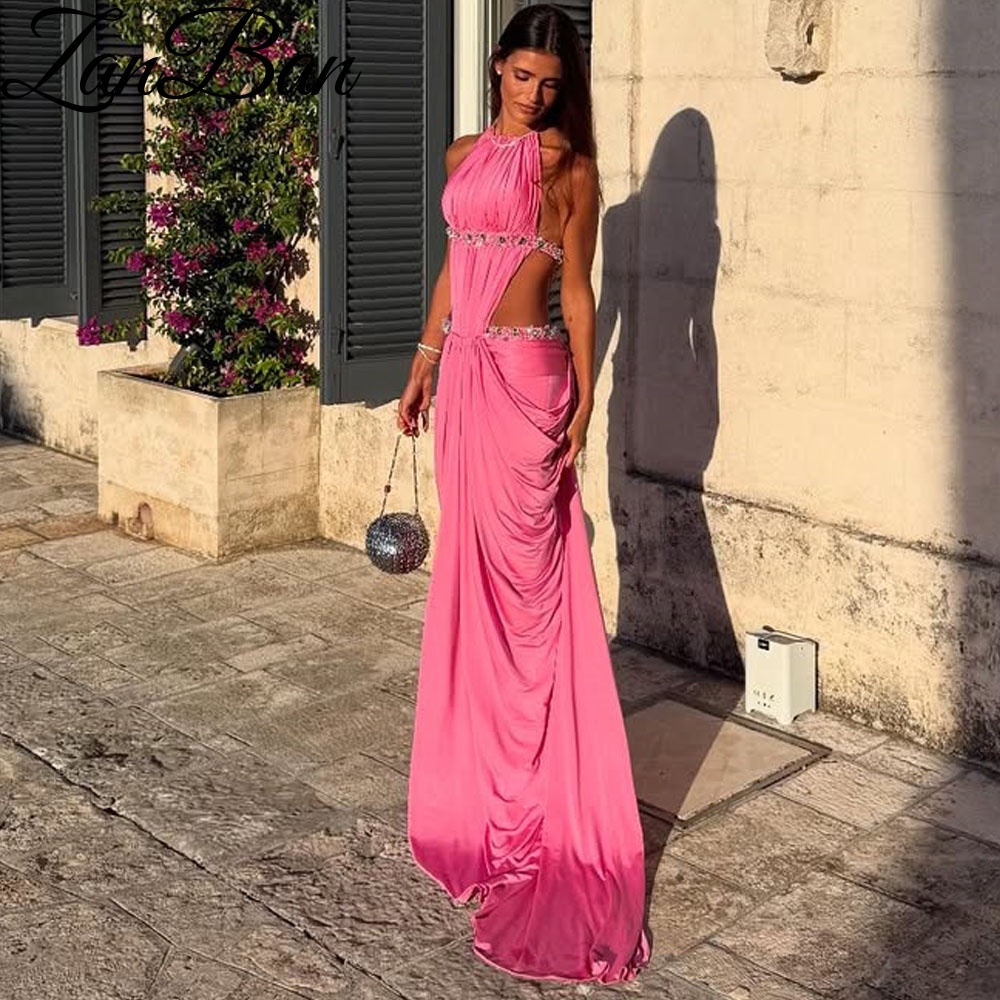 ZanBan Elegant Pink Halter Neck Mermaid Evening Gown midriff Pleat Floor‑Length فساتين سهرة Sleeveless  Party Dress