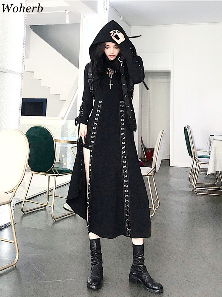 Woherb ゴシックスタイル黒パンクロングセクシーなスプリットドレス女性スパゲッティストラップローブ女性のドレス原宿ストリート Vestido