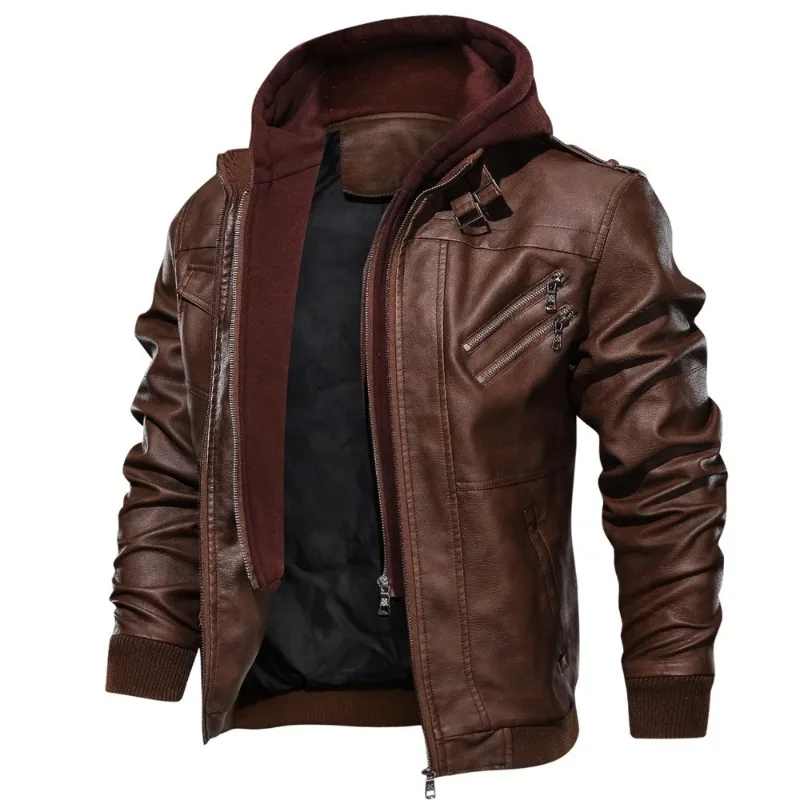 メンズコート カジュアル スタンドカラー PU フェイクレザー ジップアップ オートバイ ボンバー ジャケット 取り外し可能なフード付き 防水 防風服