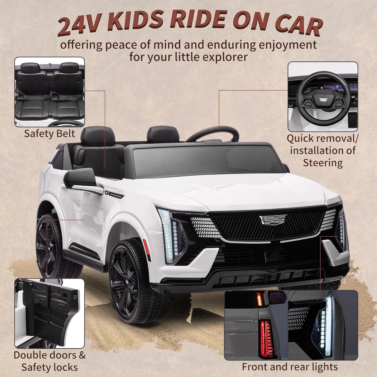 24V ライドオンカー、リモコン付き電気自動車、2 人乗り、4 輪ショックアブソーバー、スムーズスタート、子供用 LED ライト