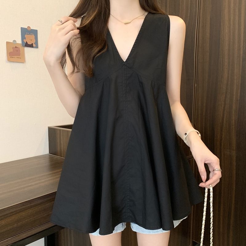 V ネックノースリーブ固体ルーズ韓国タンクトップ女性服の新しい夏のプリーツシンプルさ怠惰なスタイル Tシャツファッションカジュアル