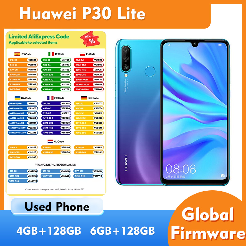 Huawei P30 Lite 4G 4GB 6GB RAM 128GB ROM スマートフォン Android 6.15 インチ 1920x1080px 3240mAh 中古電話