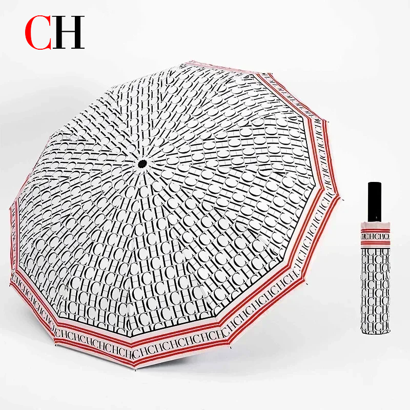 CH モノグラム フルプリント ポータブル折りたたみ傘 日常日焼け防止 UV 保護 太陽と雨のデュアル使用