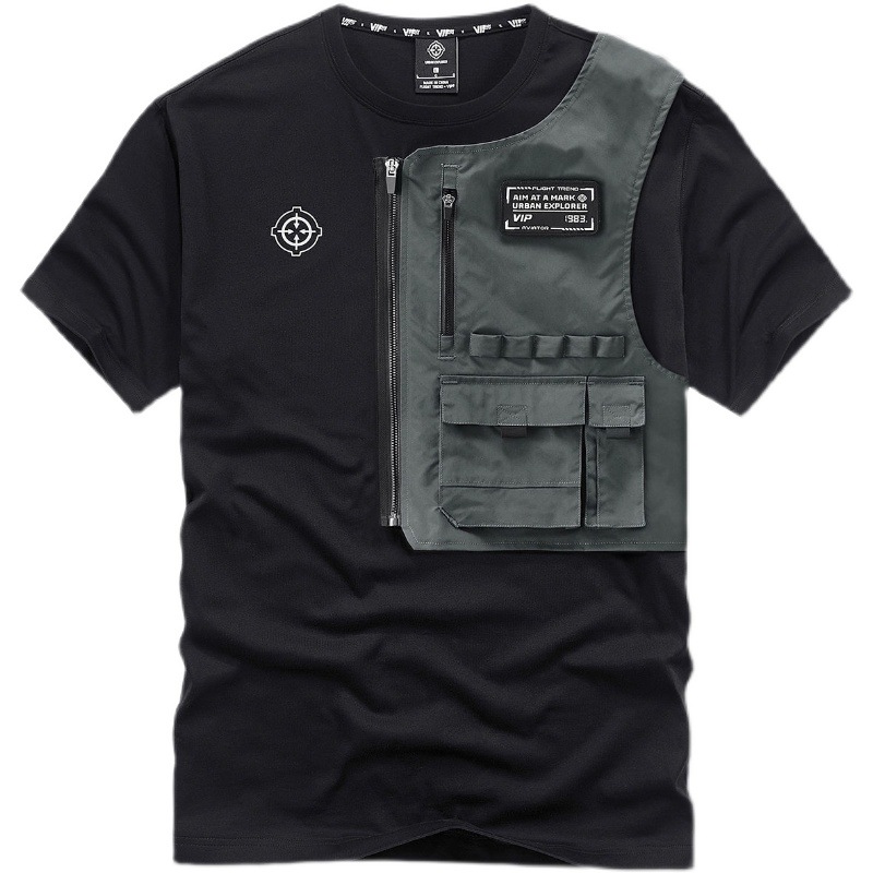 ファッション男性黒 Techwear 綿 100% パッチシュティッヒ半袖 Tシャツ夏メンズ特大機関車スタイルツーリング Tシャツ