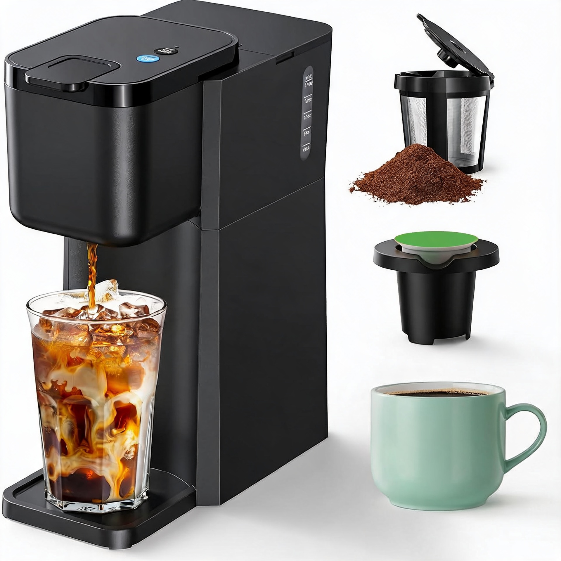 ミニホットおよびアイスコーヒーメーカー シングルサーブ、Kカップおよびグラウンド用、6〜14オンスの抽出サイズ、レシピブック付き、家庭用、旅行用