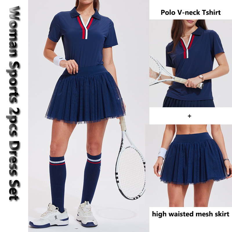 女性テニスポロ V ネックファッションテニスドレス 2 個セット速乾性半袖ウエストメッシュシャツとインナーショーツ