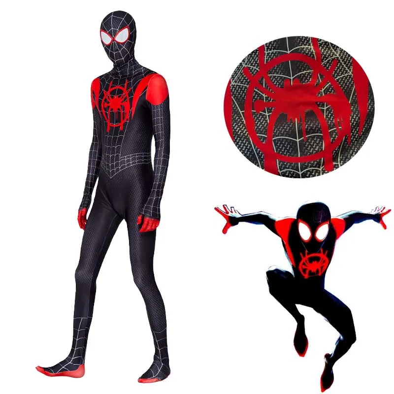 スパイダーマン全身タイツ衣装アニメスーパーヒーローマイルモラレススパイダーマンコスプレ衣装ボディスーツハロウィンコスチューム子供のための少年大人