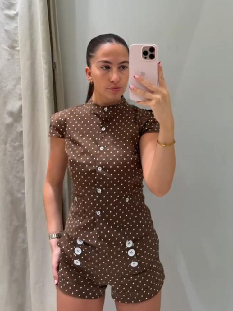 HH Women Summer Shorts Set New Fashion Versatile Brown Polka Dot Poplin Single-Breasted Top+High Street Mid-Waist Casual Shorts