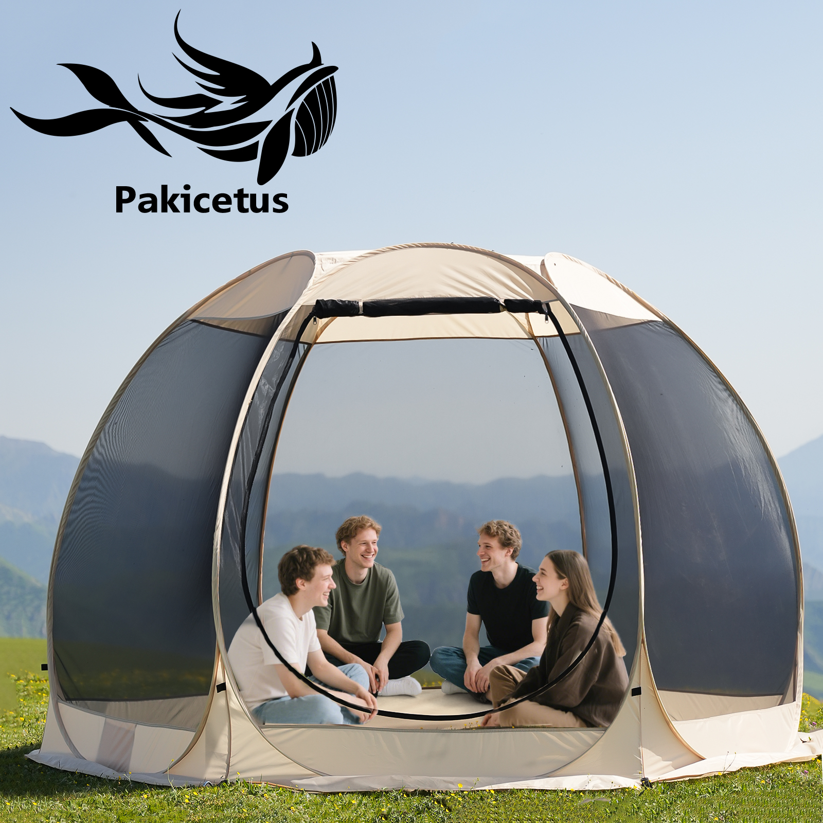 PAKICETUS ポップアップスクリーンテント 4-6人用 360°パノラマ 通気性メッシュ インスタントセットアップ 換気スクリーンハウステント 夏秋キャンプパティオ裏庭ピクニック用