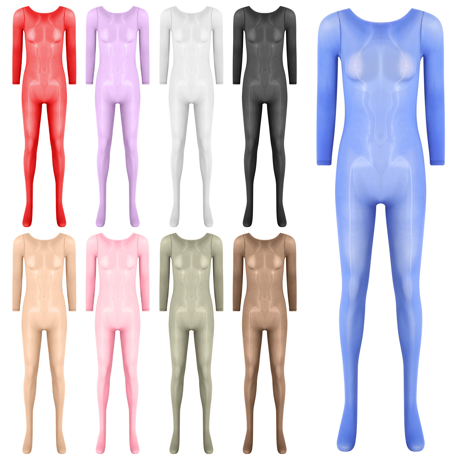 レディースセクシーなシースルーランジェリーボディスーツ無地薄手の滑らかな長袖 Bodystockings ナイトクラブポールダンスクラブウェア