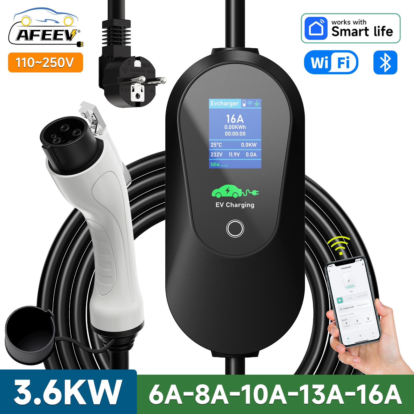 AFEEV 3.6KW Type1 SAE J1772 ポータブル EV 充電器 16A Type2 電気自動車充電器 GB/T EVSE 高速充電ケーブル WiFi APP 制御