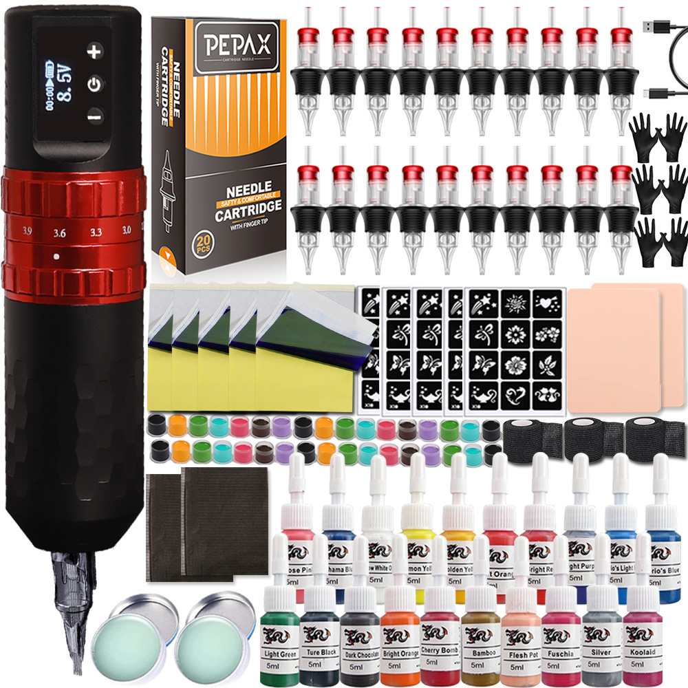 Wireless Tattoo Machine Pen Kit 7 Strokes Adjustable Rotary Tattoo Pen Set with Cartridge Needles for Makeup Body Art Tattoo Kit