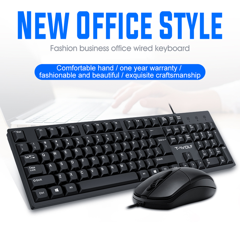 T-WOLF TF500 有線オフィス キーボードとマウス コンボ人間工学に基づいた USB プラグ