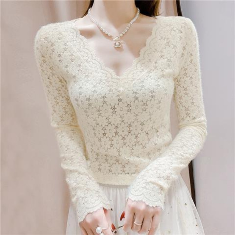 V ネック レース メッシュ 長袖 トップ レディース |セクシーなローカットクロップドシアーヨーロピアンブラウスS-3XL