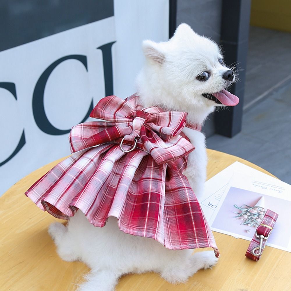 再利用可能、リード付き 牽引犬 チェック柄 JK ドレス 薄型ダクロン ペット ハーネス スカート 調節可能 洗える 犬用 リボン スカート ウサギ