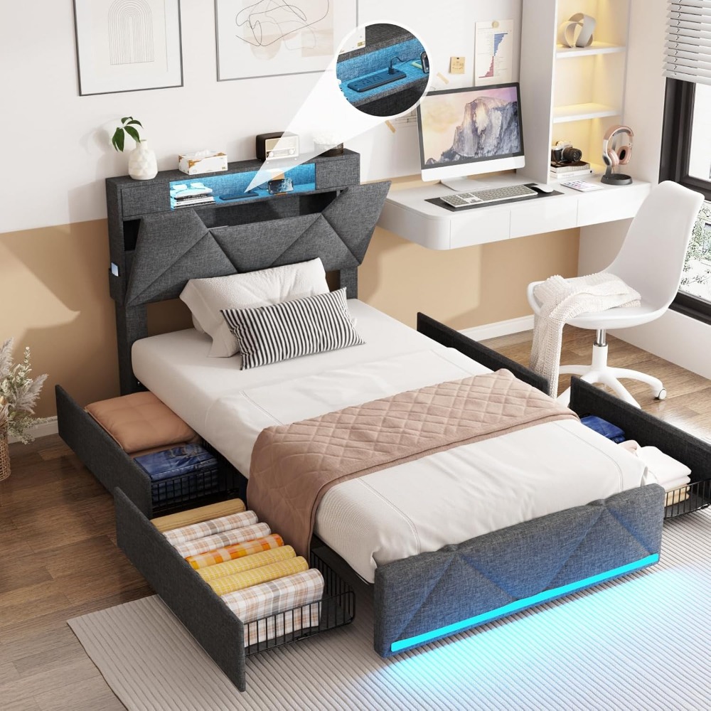 ツインベッドフレーム、収納ヘッドボードと引き出し4つ、布張りのプラットフォーム、充電ステーションとLEDライト付き、調節可能