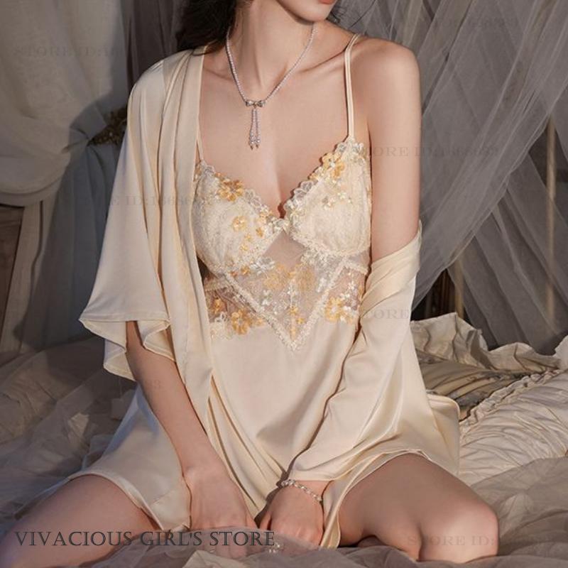 セクシーな Mujer Lencerias Twinset ローブセットパッチワーク透視レースナイトガウンスパースター夏サテン Vestidos ホームドレス部屋着