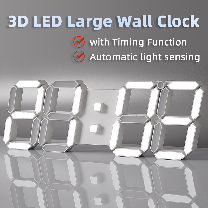 3D LED大型壁掛け時計、リモコン付き、自動感光機能とタイミング機能付きのモダンなデザインの電子時計。