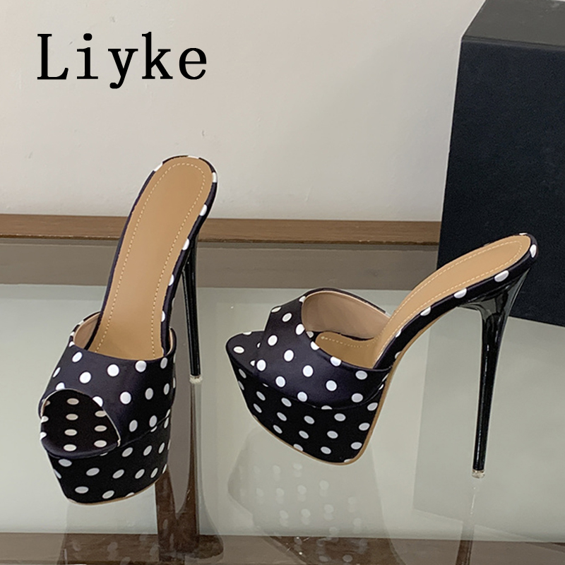 Liyke 夏のファッション水玉シルクプラットフォームハイヒールスリッパ女性のためのピープトウ宴会パーティー靴小剣サンダルサイ​​ズ 42