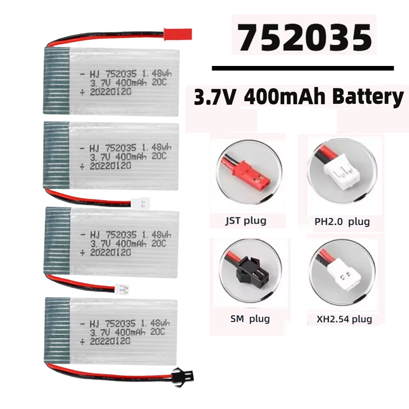 リポバッテリー 20C 3.7V 752035 400mAh バッテリー高レート Habersham X4 H107D H107 H31 Quadcopter モデル航空機アクセサリー