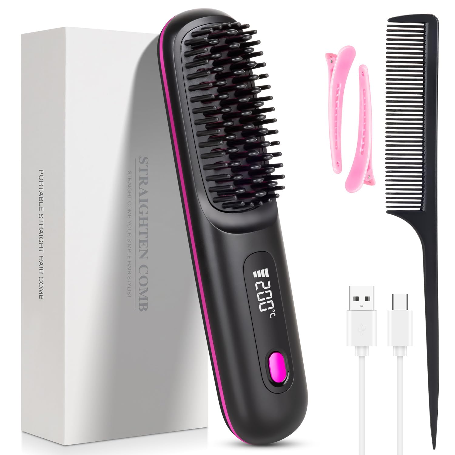 USB充電ポータブルヘアストレートブラシ、コードレスストレートコームLEDディスプレイ