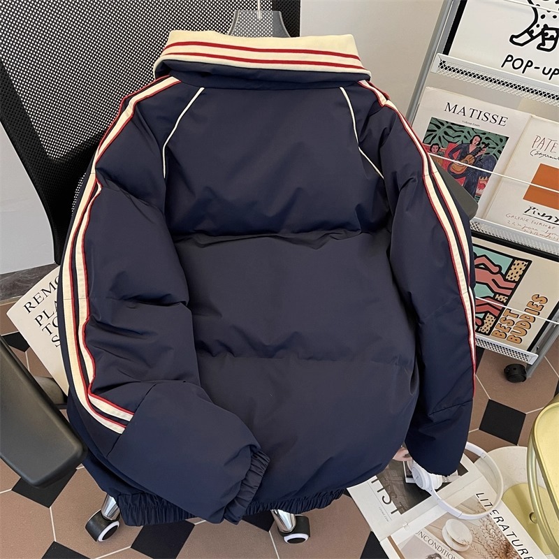 Fugu Academy スタイルのスプライスされたコントラストカラーのコットンジャケット、メンズの新しい冬用の厚くて暖かいルーズコットンジャケット