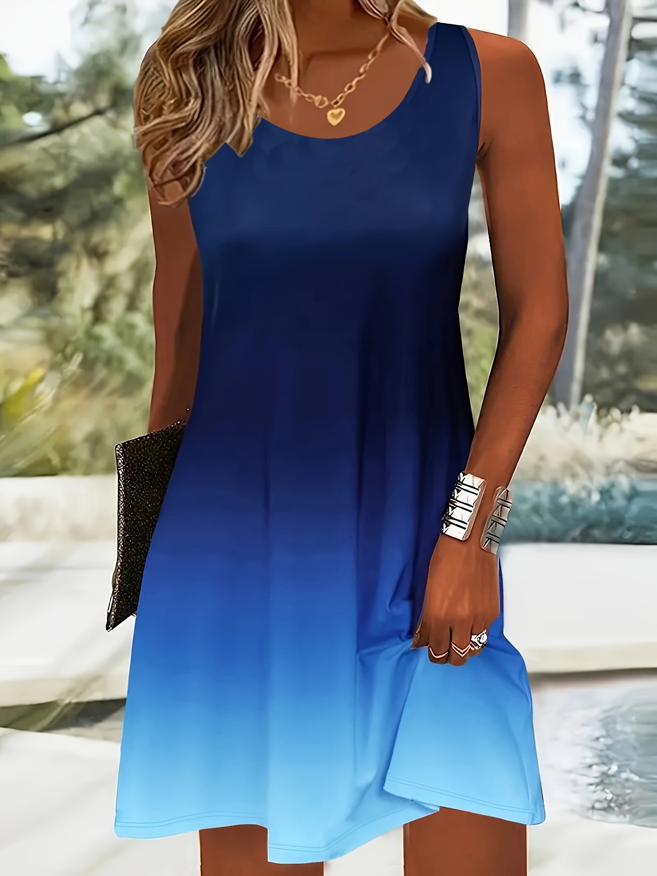 カジュアルブルーグラデーションドレス女性ノースリーブソフトサンドレスミニマリスト夏の日常着の服ファッション女性女性服