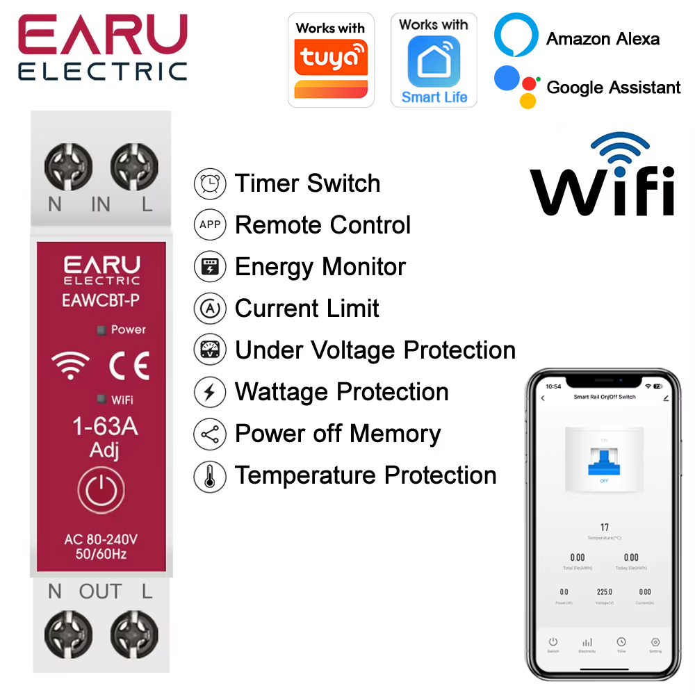 Tuya MCB WiFi スマートサーキットブレーカータイマー 1P N 63A 電力エネルギー KWh 電圧電流計プロテクター音声リモコンスイッチ