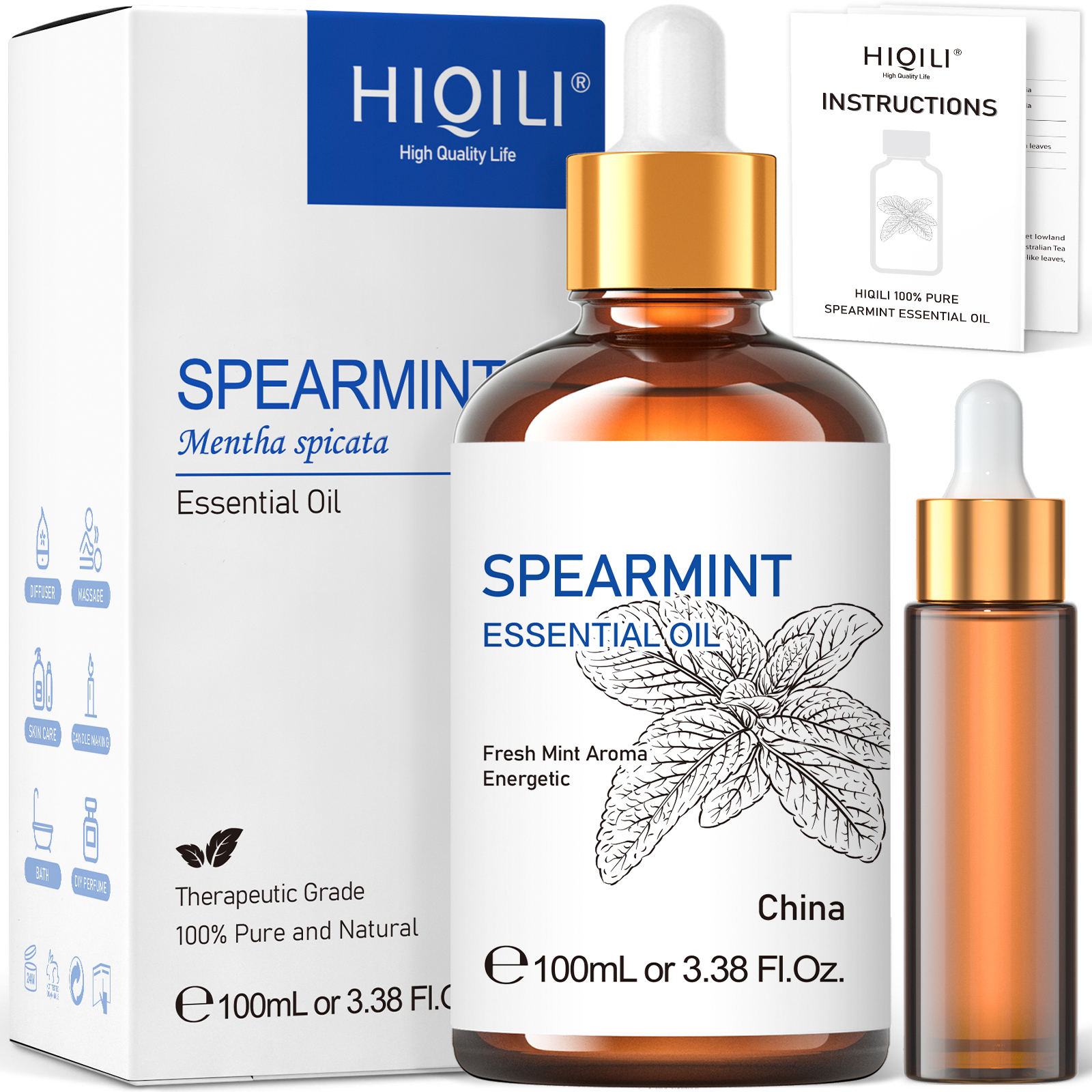 HIQILI スペアミント バニラ ローズ シナモン レモン エッセンシャル オイル、100 ML ピュアオイル ディフューザー、加湿器、マッサージ筋肉緩和バス用