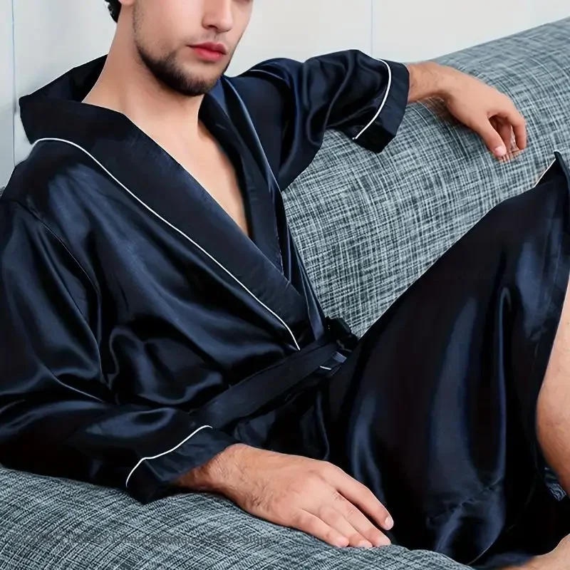 男性パジャマローブスーツサテンプリント着物バスローブペニョワールオム長袖パジャマ部屋着男性ホームガウン
