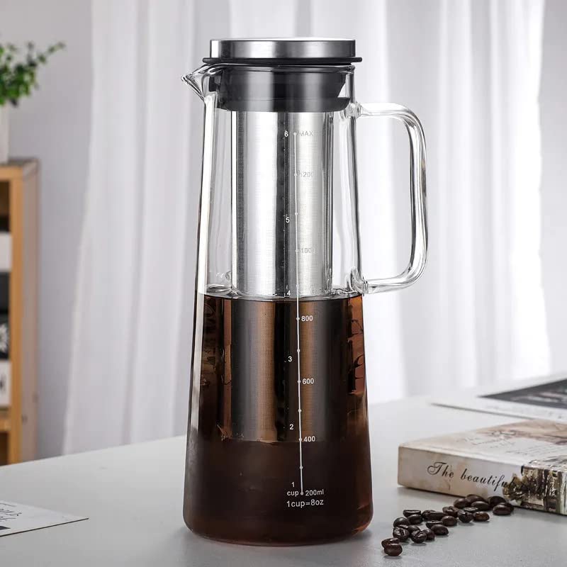 気密水出しアイスコーヒーメーカーとティーインフューザー - 1.0L / 34オンスのガラスカラフェ、取り外し可能なステンレススチールフィルター付き