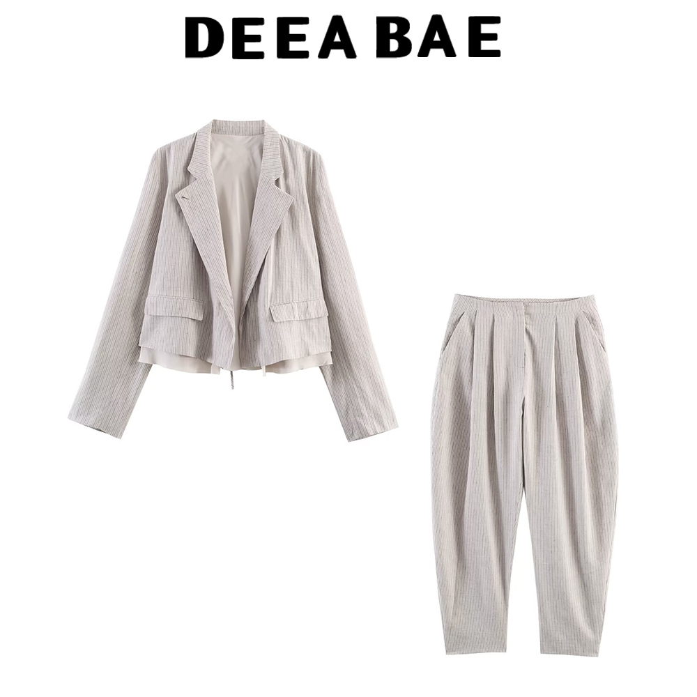 DEEABAE ヨーロッパとアメリカンスタイルの婦人服新 2026 ファッションストライプ長袖スーツジャケットハイウエストパンツセット