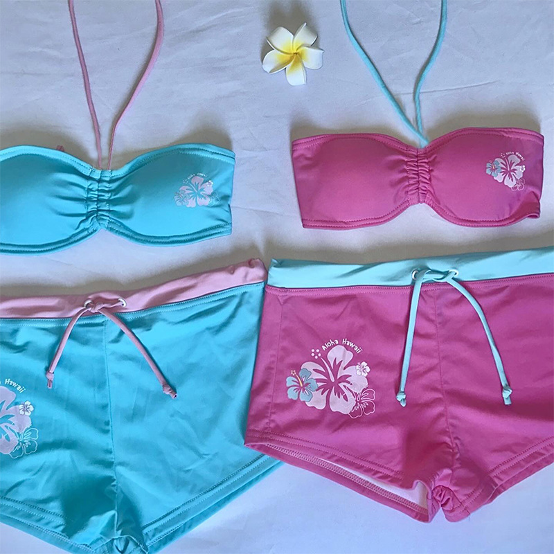女性用ビキニセット かわいい レトロ カジュアル ストリート Y2K 原宿 美的 ヒップホップ 夏 甘い花 スリム かわいい 女性用 ショート