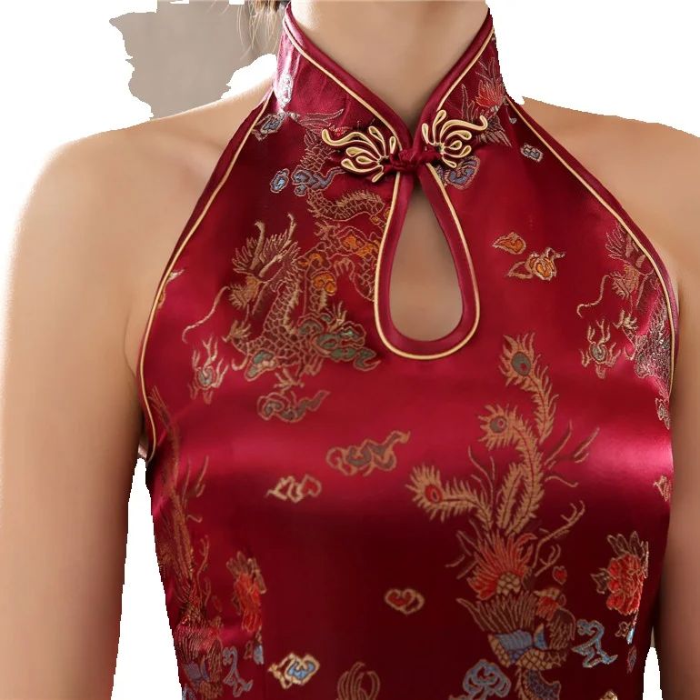 中国の伝統ワインレッド袍ロングサテンスプリットチャイナドレスパフォーマンスイブニングチャイナドレススリムフィットレトロバックレス