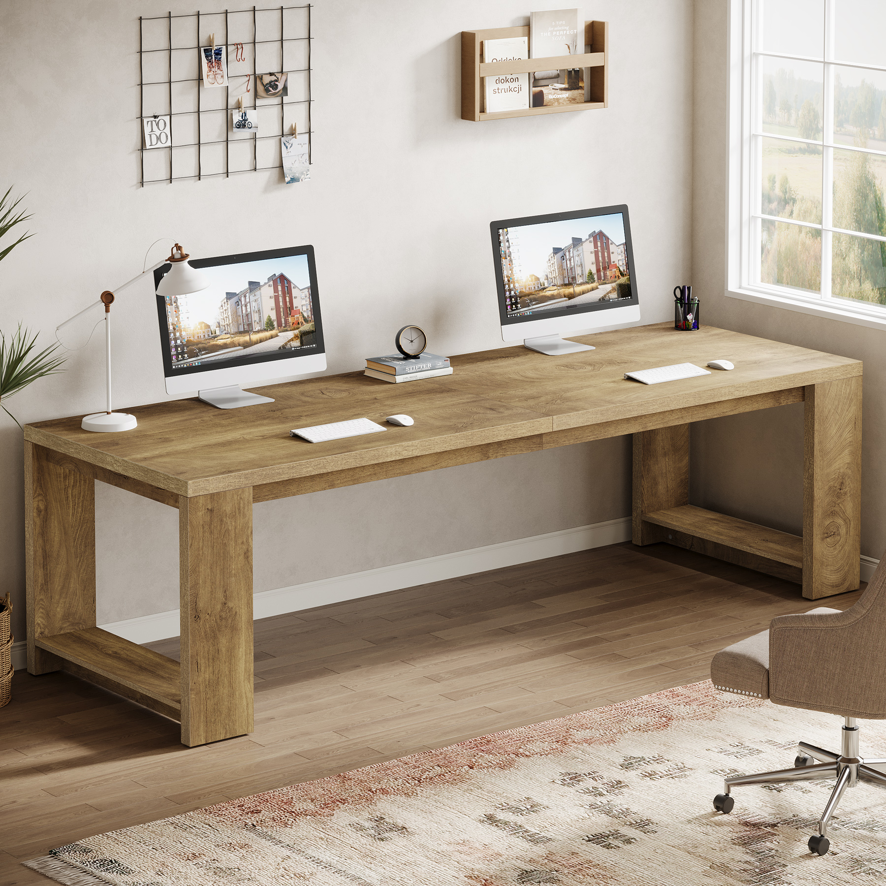 LITTLE TREE 2人用デスク、86.6インチエクストラロングデスク、ダブルコンピューターライティングテーブル、木製大型デスクワークステーション