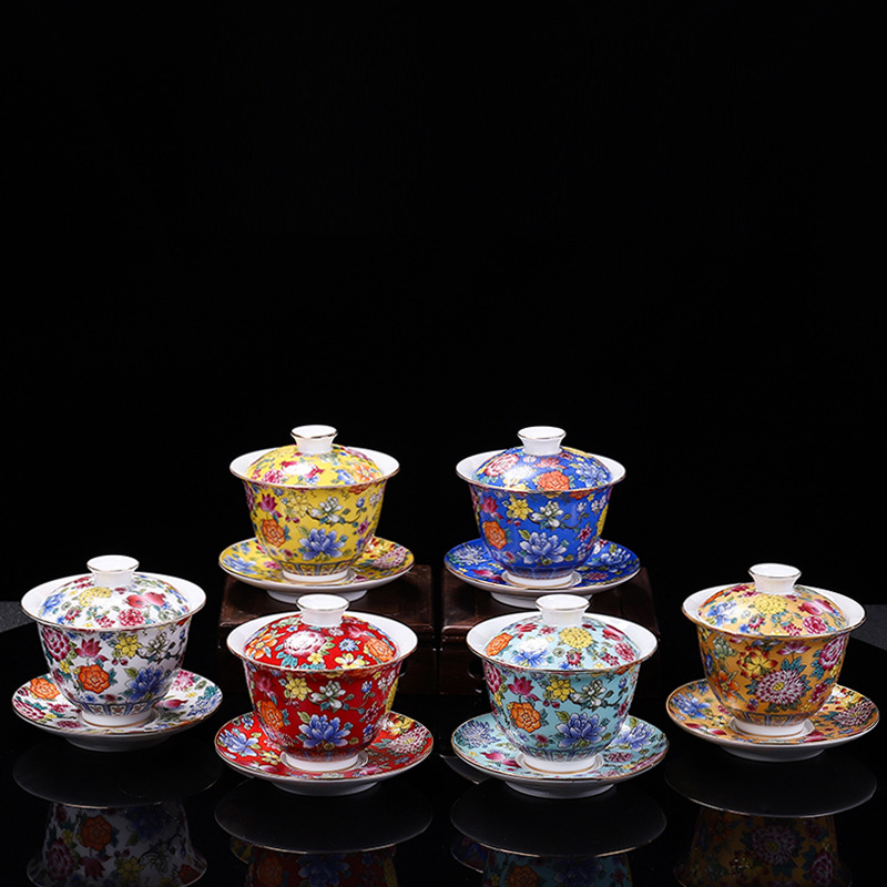 HMLOVE 白磁 Sancai Gaiwan カラーエナメルカバーボウル蓋ソーサーヴィンテージ手作り茶チュリーン茶器セットギフト 200 ミリリットル
