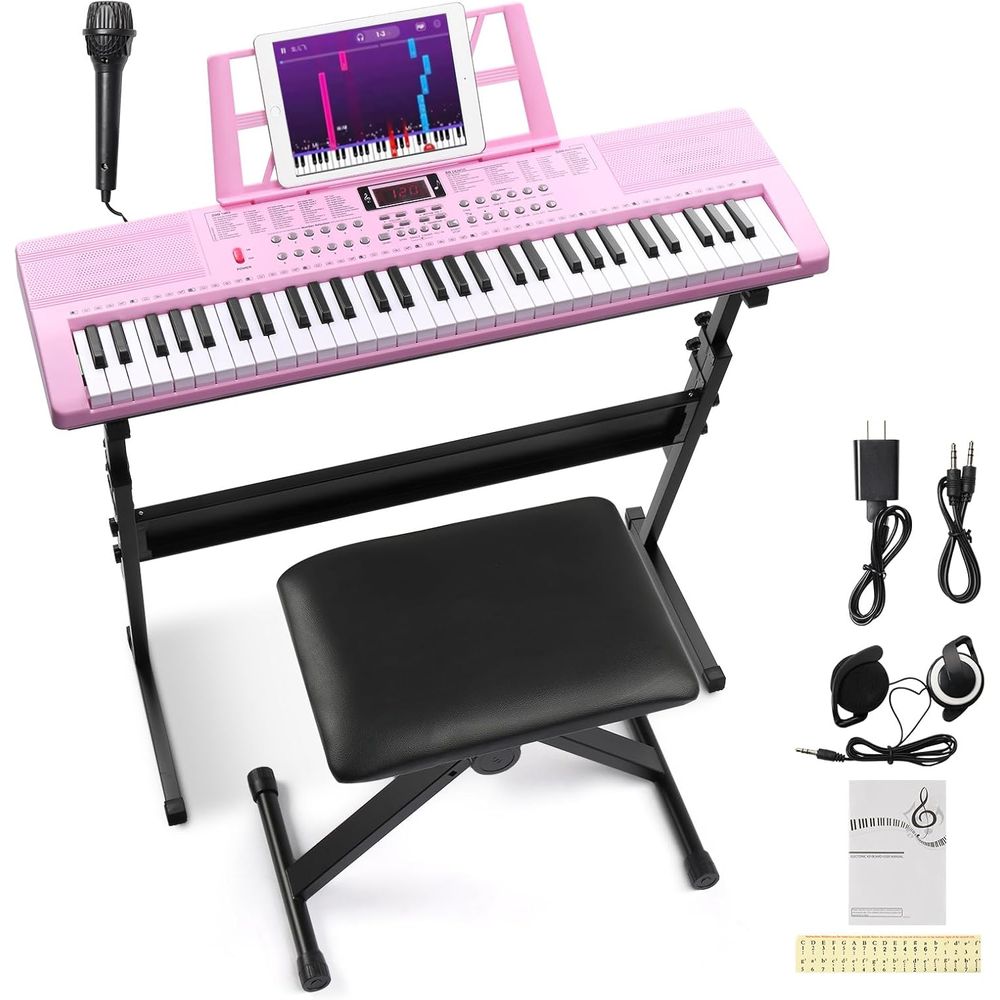 61 キー フルサイズ エレクトリック ピアノ キーボード セット H スタンド ベンチ ヘッドフォン マイク ミュージックレスト 電源アダプター マニュアル ヌード ピンク