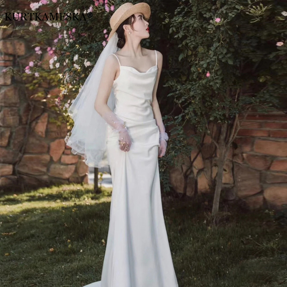 フレンチホワイトサテンサスペンダー花嫁結婚式の写真ドレスエレガントでセクシーな背中の開いたシンプルなロングウエディングイブニングパーティー末尾vestidos