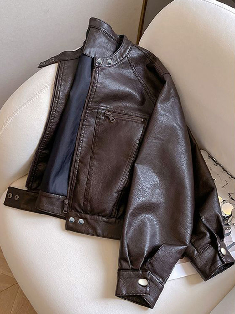 アメリカ機関車服ショート Pu レザージャケット女性の 2025 春と秋の新しい小さなデザインスタンドアップカラージャケット潮