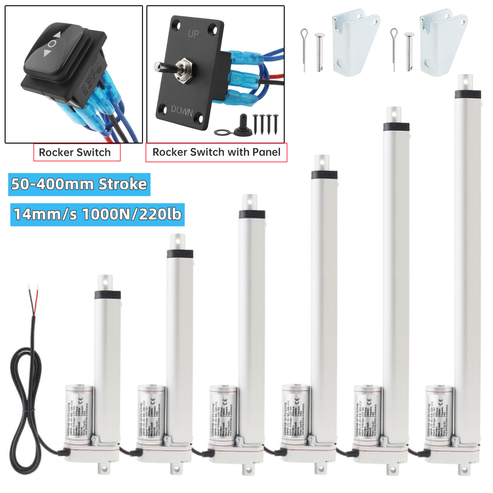 50-400 ミリメートルストロークリニアアクチュエータモータ DC 12V 1000N/220lb 電気 DC モータリニアモーションアクチュエータ、取付ブラケット付き